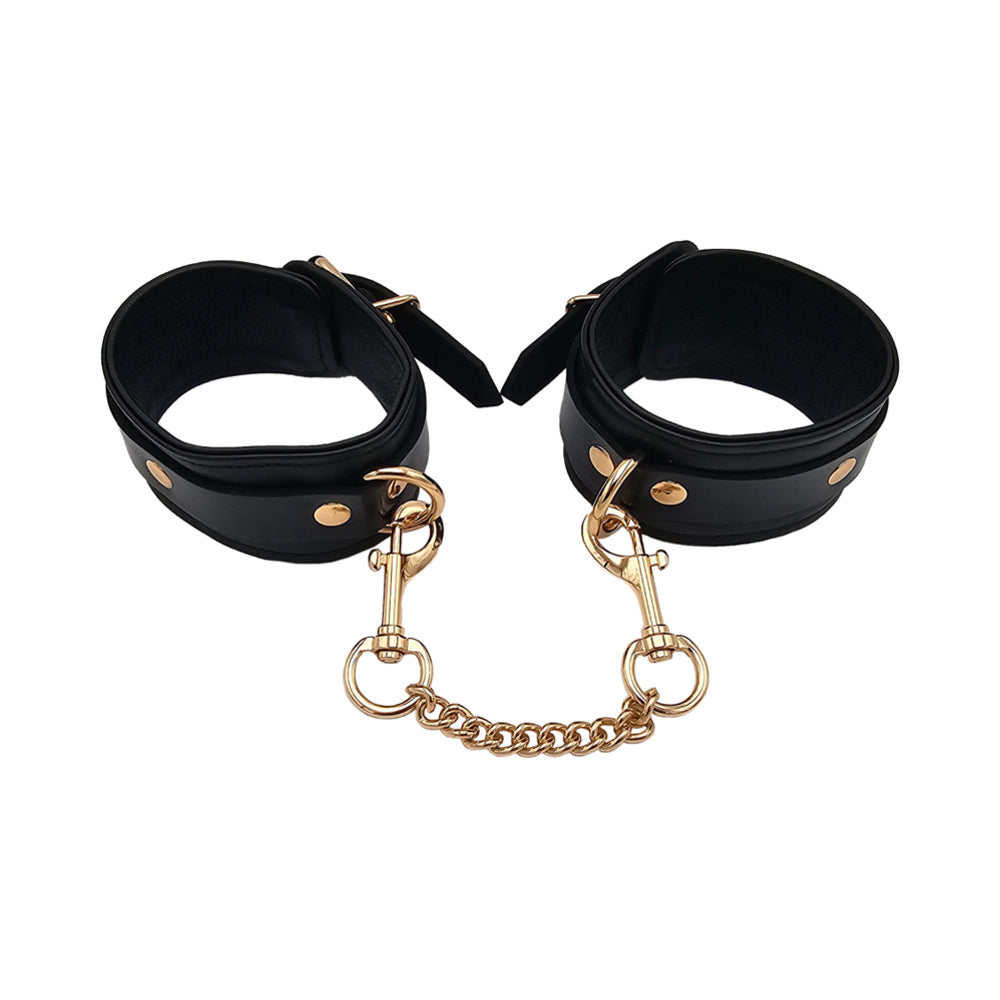 Rouge Leather Plain Wrist Cuffs - Black with Gold Accessories